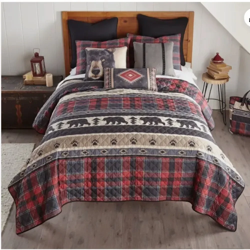 Bear Lodge Printed Reversible King Quilt Set Country Cabin Bonus Tote Bag
